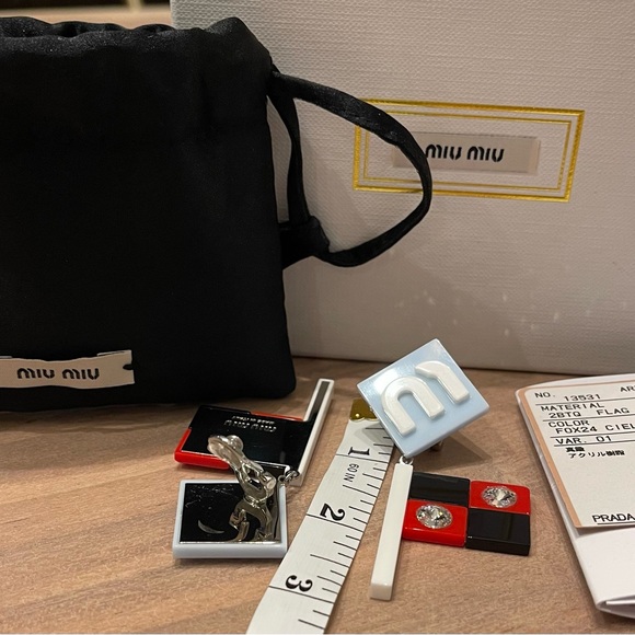 EUC-MIU MIU Clip-On Earrings Plastic/Rhinestone Light Blue x White, Red,& Black - Picture 2 of 6